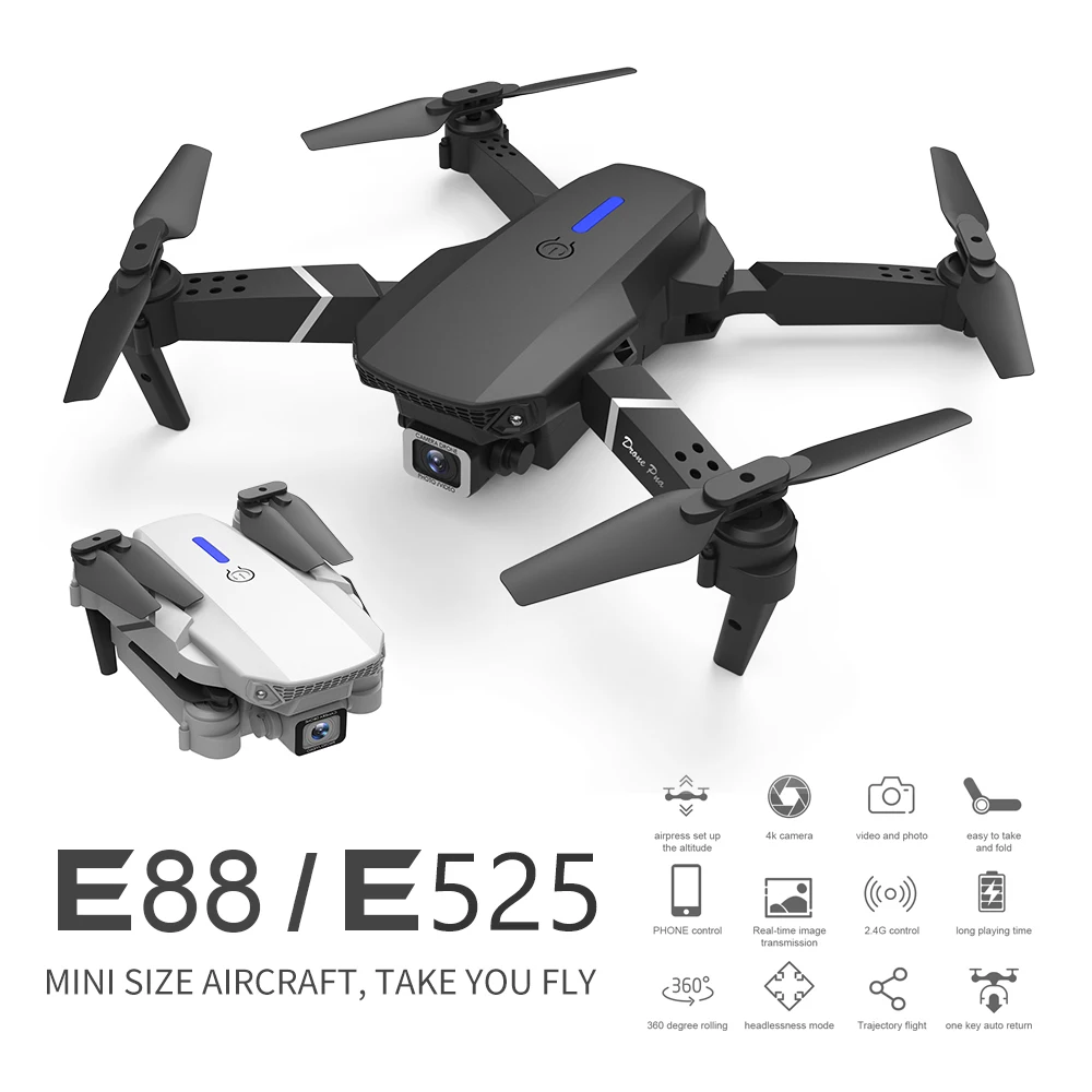 E88/E525 Черный складной мини-дрон Quadcopter RC с профессиональной аэрофотосъемкой в разрешении 4K HD камерой FPV игрушка с дистанционным управлением вертолета.