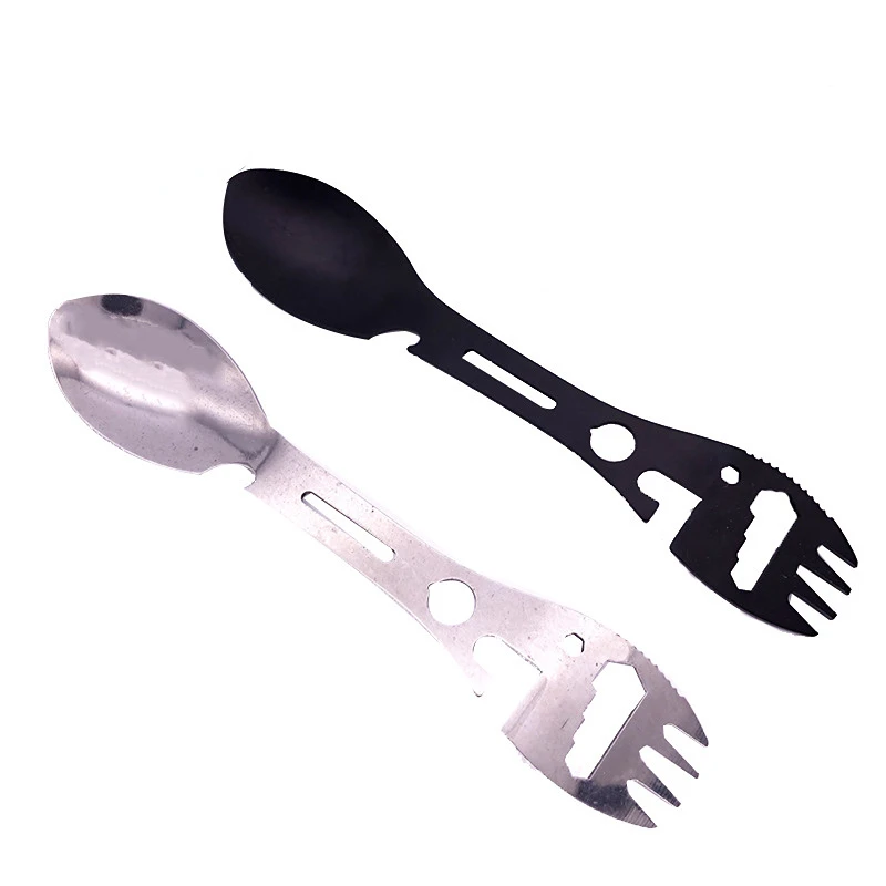 Camping Fork Spoon Multi Function 5 In 1 Integrated Outdoor Picnic Cutting Knife Bottle Can Opener |