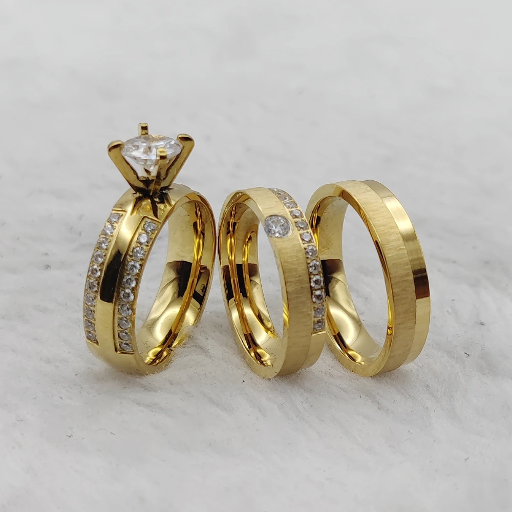 3pcs Dubai Golden Titanium Jewelry Crown 24K Gold Plated Wedding Proposals Bridal Couples Ring Fashion cz Diamond