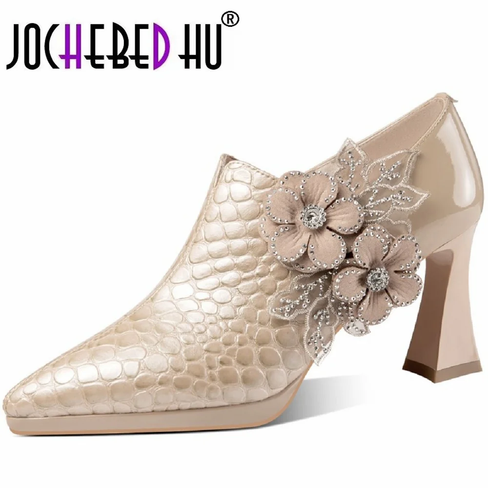 

【JOCHEBED HU】Women Brand High Heels Ankle Microfiber Suede Shoes Rhinestone Flower Short Pointed Toe