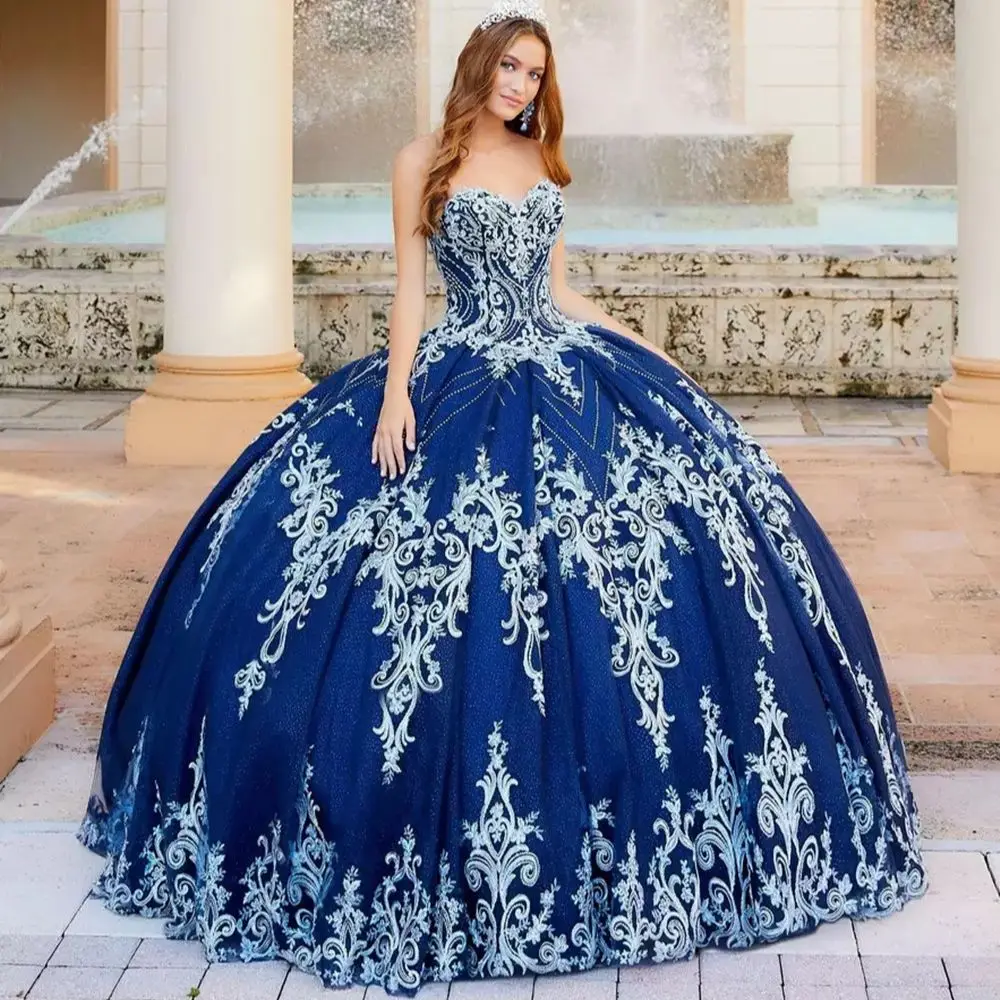 

Gorgeous Blue Quinceanera Dresses 2022 Sweetheart Sleeveless Lace Sequins Pageant Princess Party Sweet 15 Ball Gown Backless
