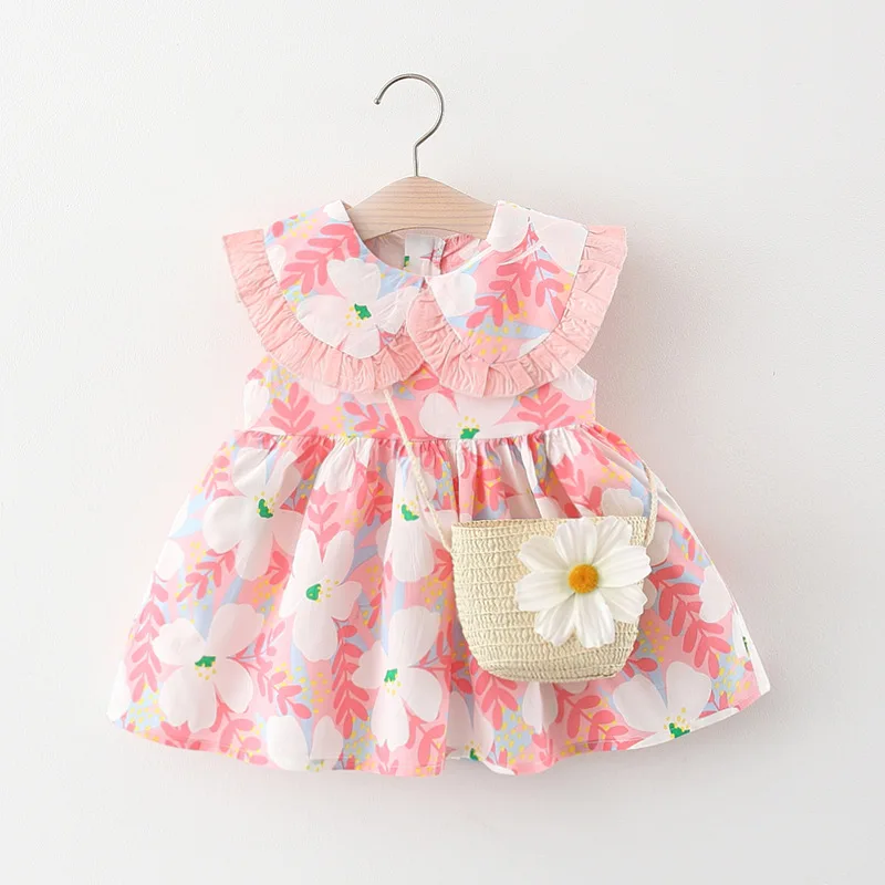 2PCS/Set Doll Collar Baby Dress Lovely Summer Infant Baby Girl Floral Dress Sundress Outfits Flower Dress + Bag Clothes Set
