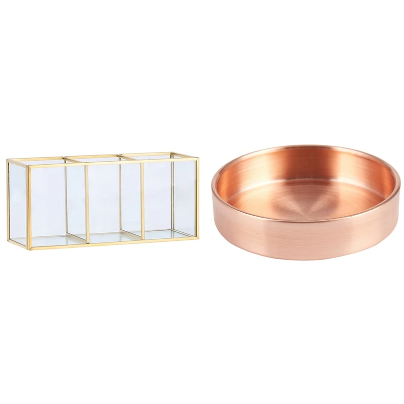 

Nordic Copper Round Storage Tray Storage Organizer With Nordic Gold Grid Glass Flip Modern Cosmetics Storage Box