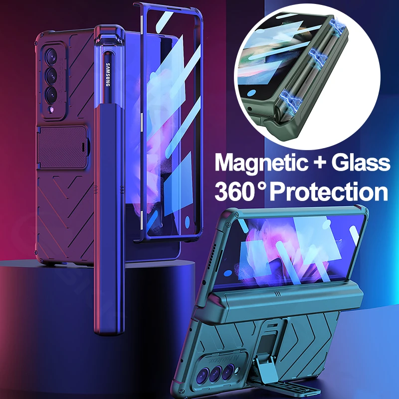 

GKK All-included Magnetic Hinge Screen Glass Case For Samsung Galaxy Z Fold 3 Case Slide Pen Holder Cover For Galaxy Z Fold3 5G