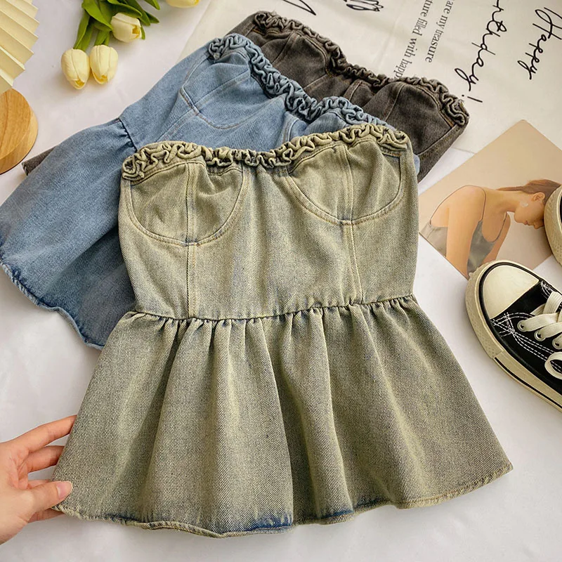 

Tube Top Women Denim Streetwear y2k Crop Tops Jeans Strapless Peplum Chic Camisole Female Folds V-neck Korean Fashion Dropship