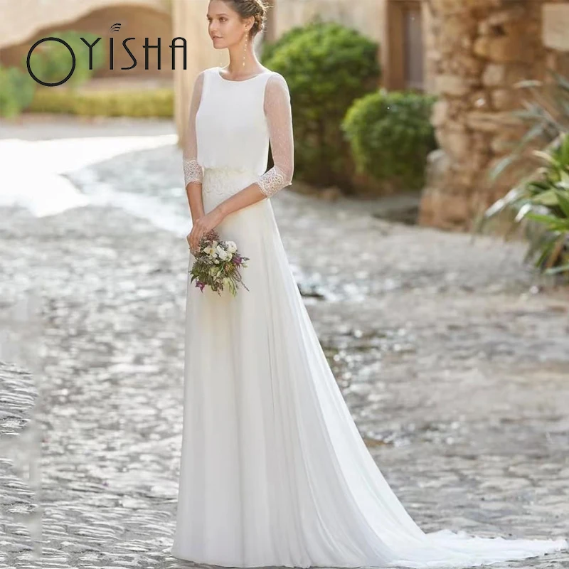 

OYISHA Elegant O-Neck Wedding Dresses Sexy Backless Lace Appliques Vestidos De Novia Simple Chiffon A-Line Bohemian Bridal Gowns