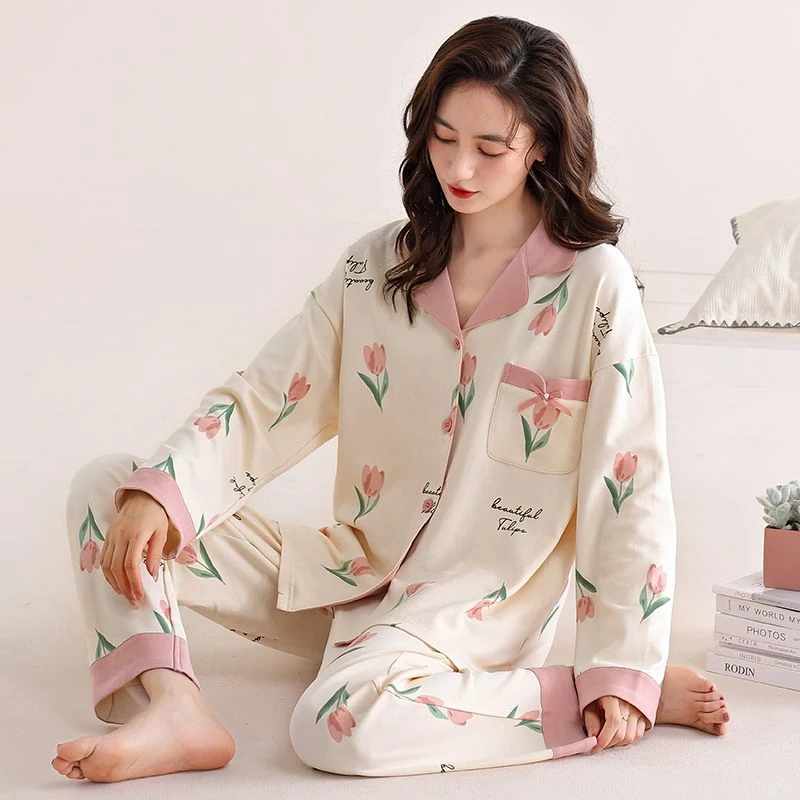 Осень 2024 большие размеры пижамные комплекты из 100% хлопка с длинными рукавами и