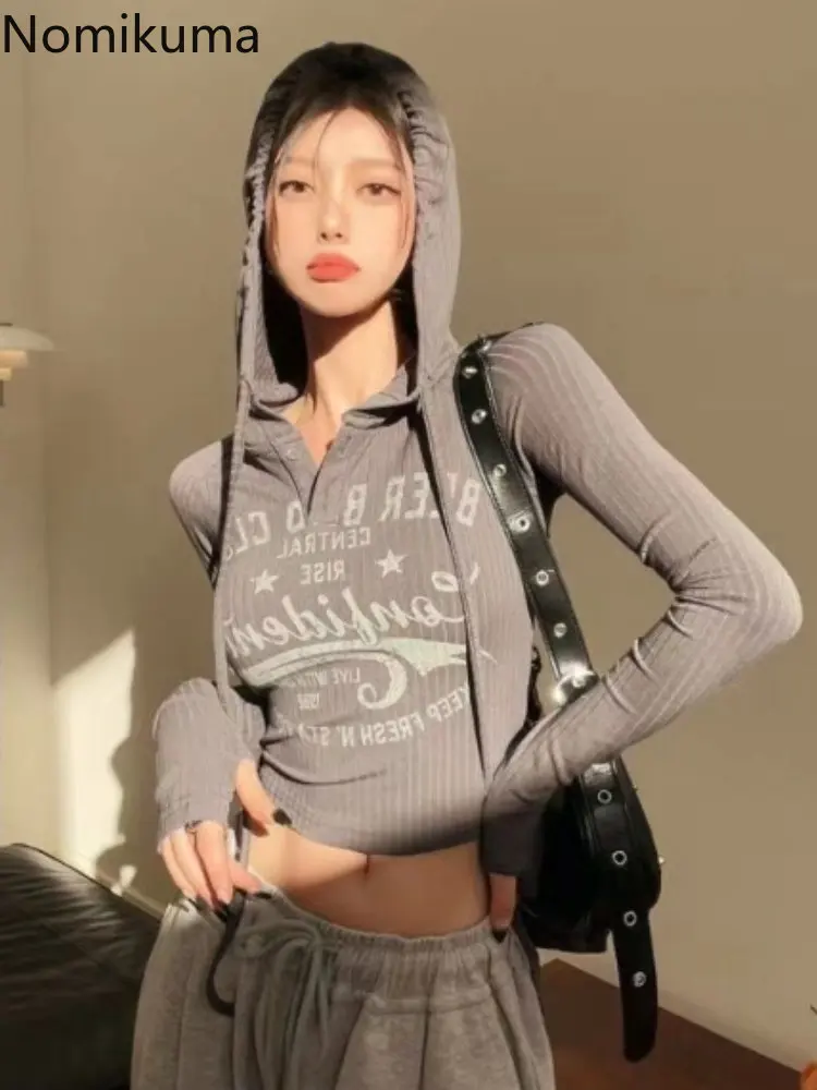 

Y2k Tshirts Women Fashion Knitted Hooded Long Sleeve Tunic Crop Tops Korean Vintage Tees 2023 Ropa Mujer Casual Sexy T Shirt