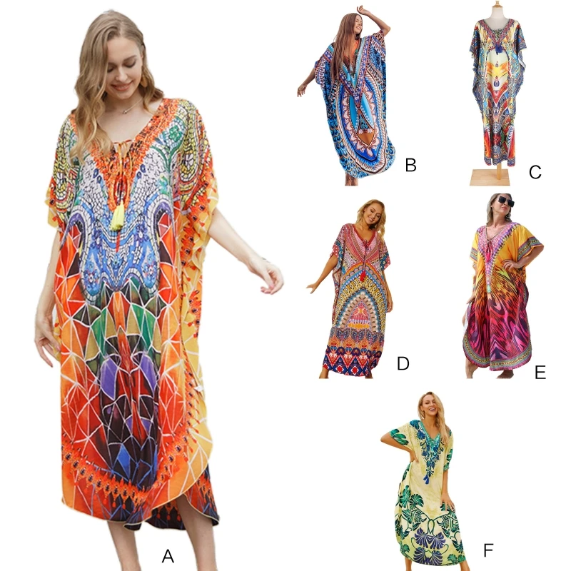 

Boho Bathing Suit Cover Up Colorful Kaftan Dress for Women Long Bikini Coverup Batwing Sleeve