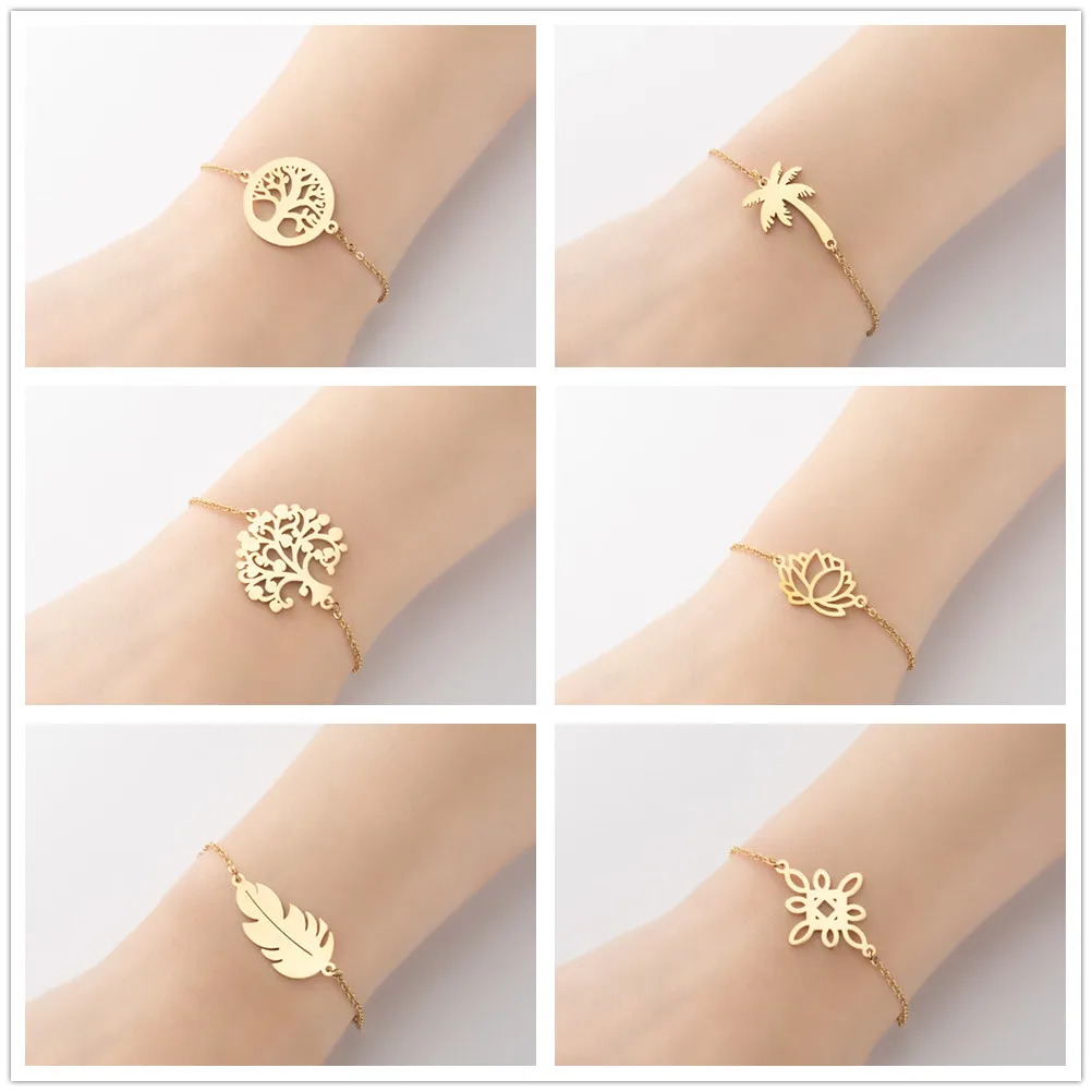316L Stainless Steel Life Tree Bracelets For Women Lotus Feather Chinese Knot Coconut Tree Bracelet Bangle Metalic Jewelry