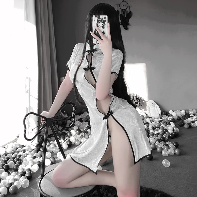 

2022 Women Sexy Lingerie Cherrykeke Cheongsam Cosplay Costume Chinese Style Dress Uniform Hollow out Clothing Suit Black White