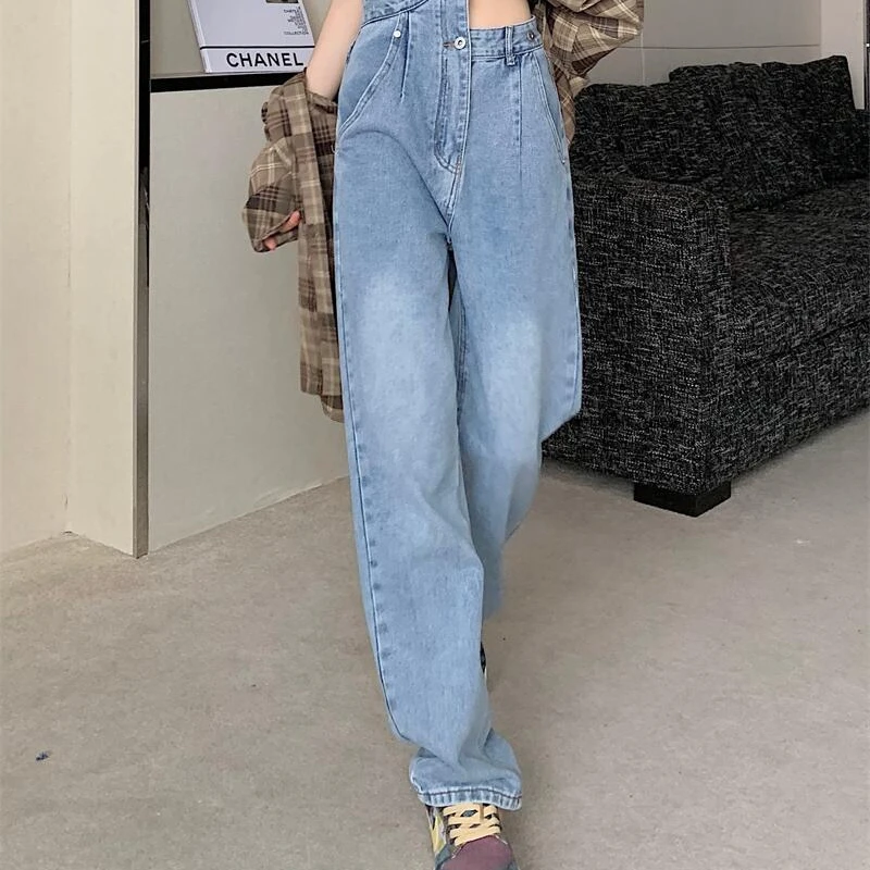 New High Street Office Ladies Elegant Long Irregular Design Sense Denim Overalls Women's Solid Color Basic Work Clothes Jeans