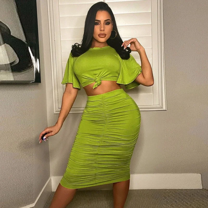 

WUHE Women Summer Casual 2 Piece Outfit Solid Short Sleeve T-Shirt Ruched Long Skirt Suit Party Club Matching Sets