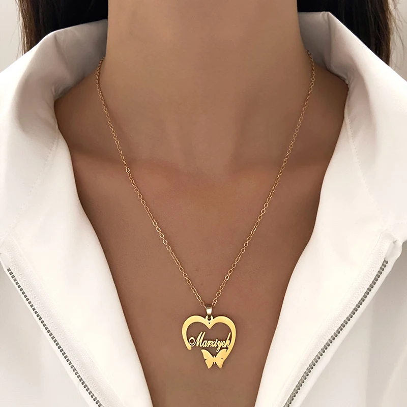 

Fashion Punk English Letter Hollow Heart Butterfly Pendant Necklace for Women Stainless Steel Peach Heart Collar Chain Choker
