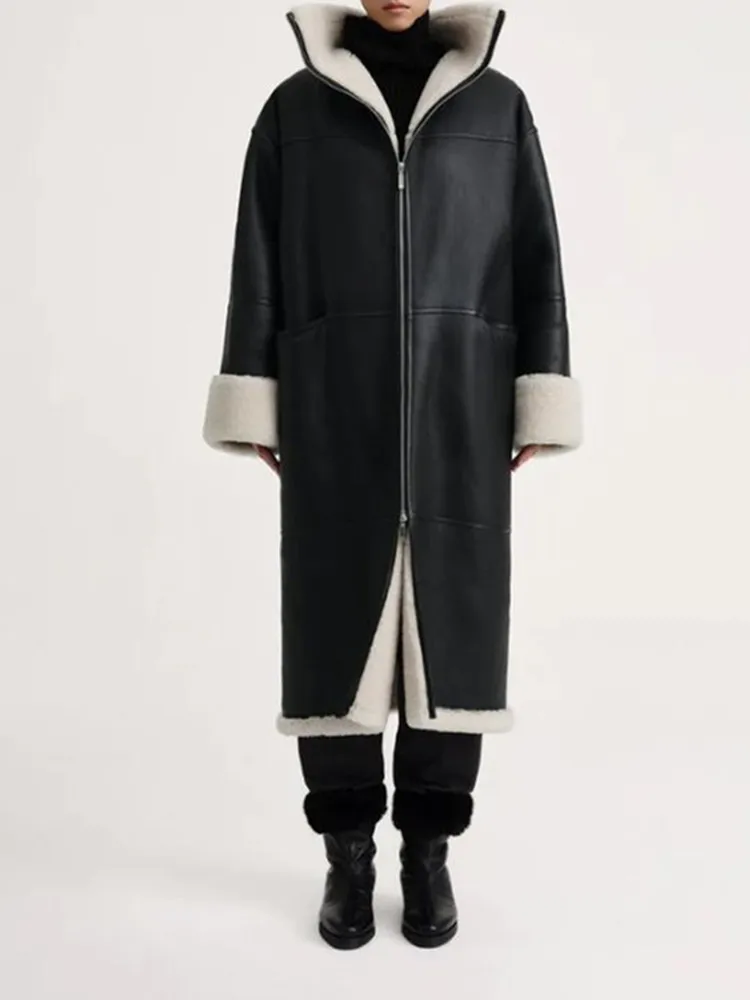 

Women Black Loose Silhouette Faux Leather Mid-Length Coat Female Environment-Friendly Fur Turn-Down Collar Zipper Jacket Winter