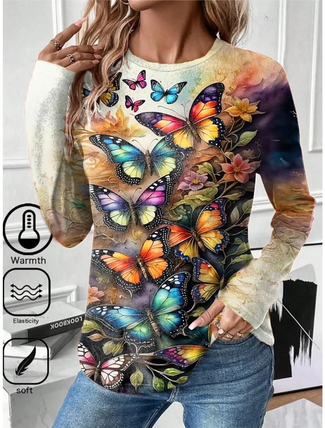 Футболка женская с длинным рукавом и круглым вырезом