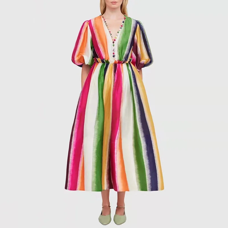 

SuperAen Sweet Rainbow Striped 2022 Summer New Fashion V-neck Puff Sleeve A Line Casual Lace Waist Dresses for Women