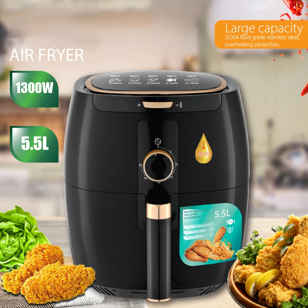 

5.5L 1300W Large Capacity Air Fryer Oil Free Cooking Deep Fryer Oven Fried Chicken and Fries 360° Baking Cooker