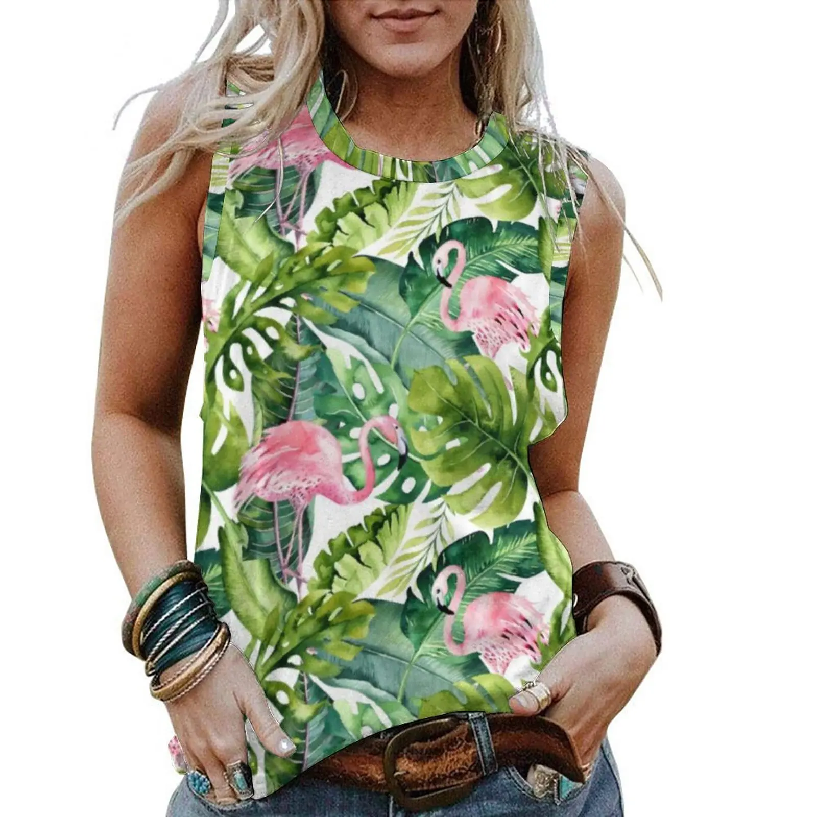

Майка женская с принтом фламинго, шикарный жилет для фитнеса с тропическими листьями, милая Повседневная безрукавка оверсайз