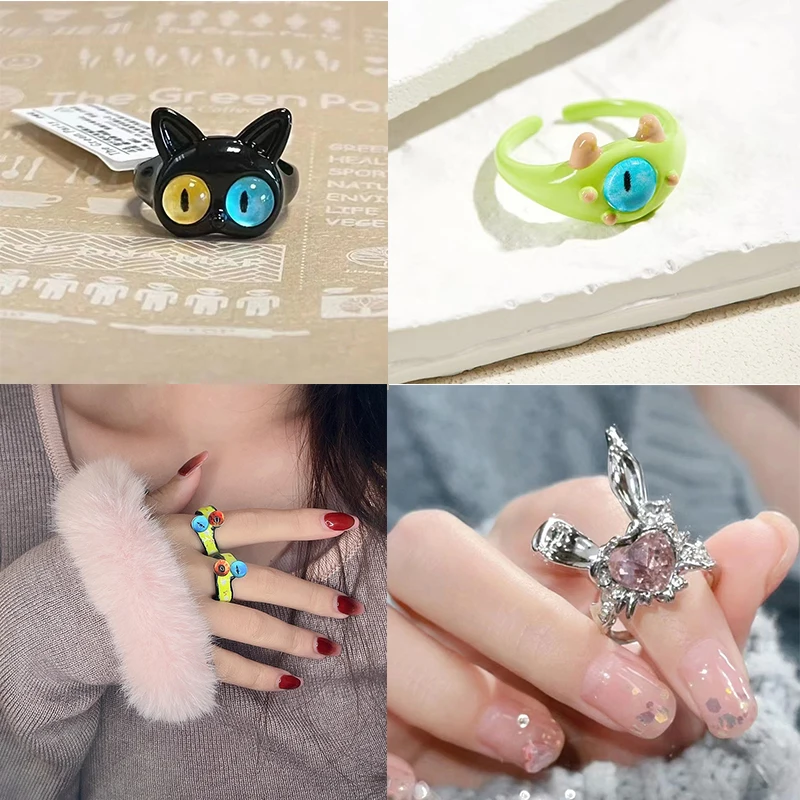 

Punk Eyes Ring Cute Green Monster Ring For Women Fashion Sweet Two Color Cat Eyes Open Couple Ring party Finger Accessories Gift