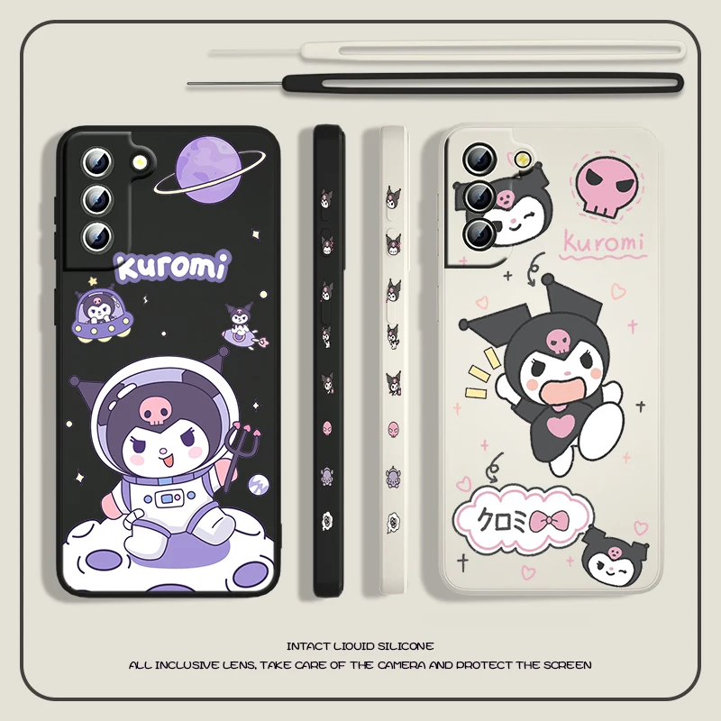 

Cartoon Kuromi Girl Sanrio Case For Samsung Galaxy S22 S21 S20 S10 Note 20 10 Ultra Plus Pro FE Lite Liquid Left Rope Phone Capa