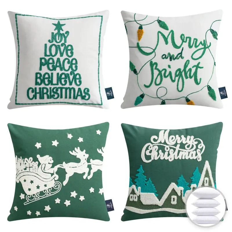 

Charming Red & White Holiday Series Throw Pillow Set with Tree & Santa Claus Prints, 18" x 18", 4-Pack Inserts Included.