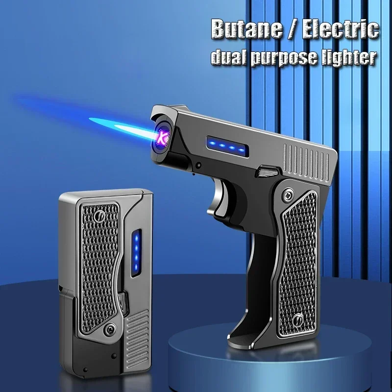 Фото 2025Ветрозащитная газовая электрическая плазменная зажигалка C-типа с USB-зарядкой, складной пистолет, бутановая горелка, турбореактивная зажигалка с пламенем, мужские подарки №2