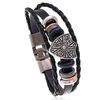 simple braided jewelry leather bracelet for men rock multilayer weave leather bead bracelet shield oval flower accessories