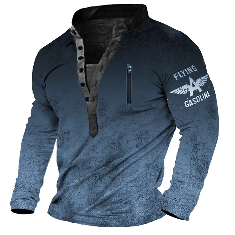 

Men's Vintage Autumn V Neck T-Shirt Henry Shirt Long Sleeve Standing Collar Clothing 3D Printing Outdoor Long Sleeve Fashion Top