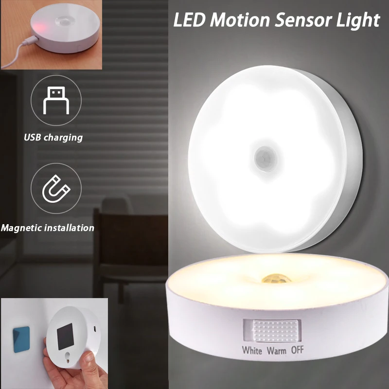 

Перезаряжаемая лампа с датчиком движения, ночник с USB-зарядкой, светодиодный светильник с датчиком движения для спальни, декора, светильник ...