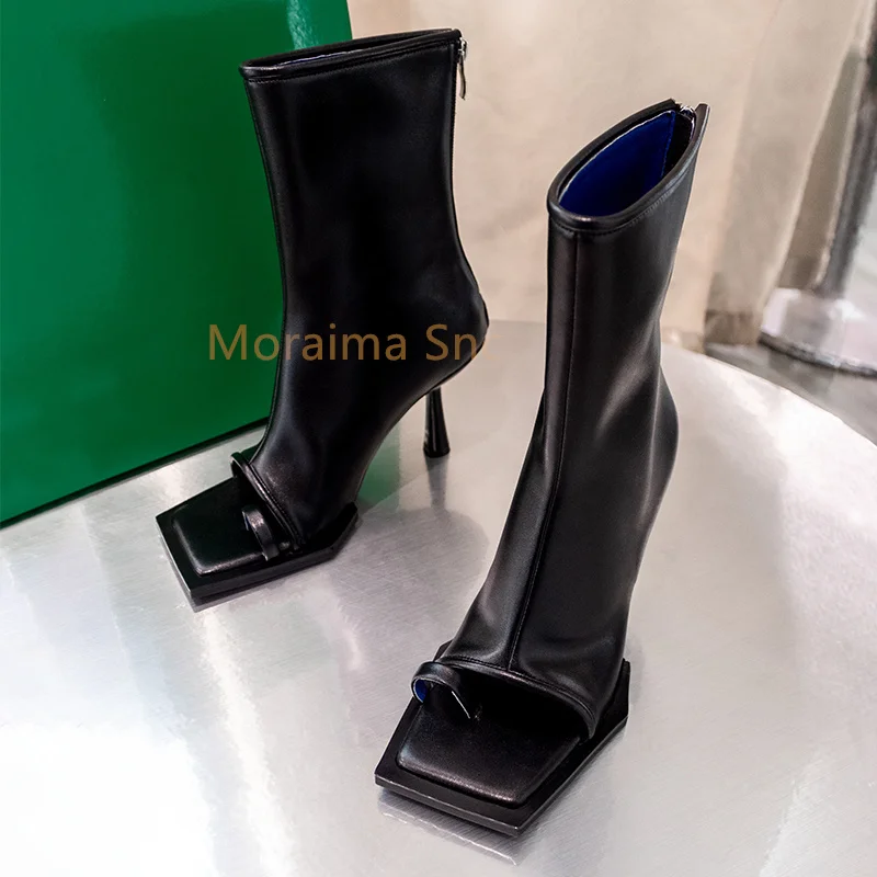 2023 New Open Toe Ankle Boots Split Toe Sexy Women Shoes Square Head Soft Leather Summer High Heels Back Zippers Short Boots