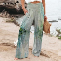 vintage floral print high waist pockets casual cotton trousers 2022 summer vacation harajuku loose beach straight wide leg pants