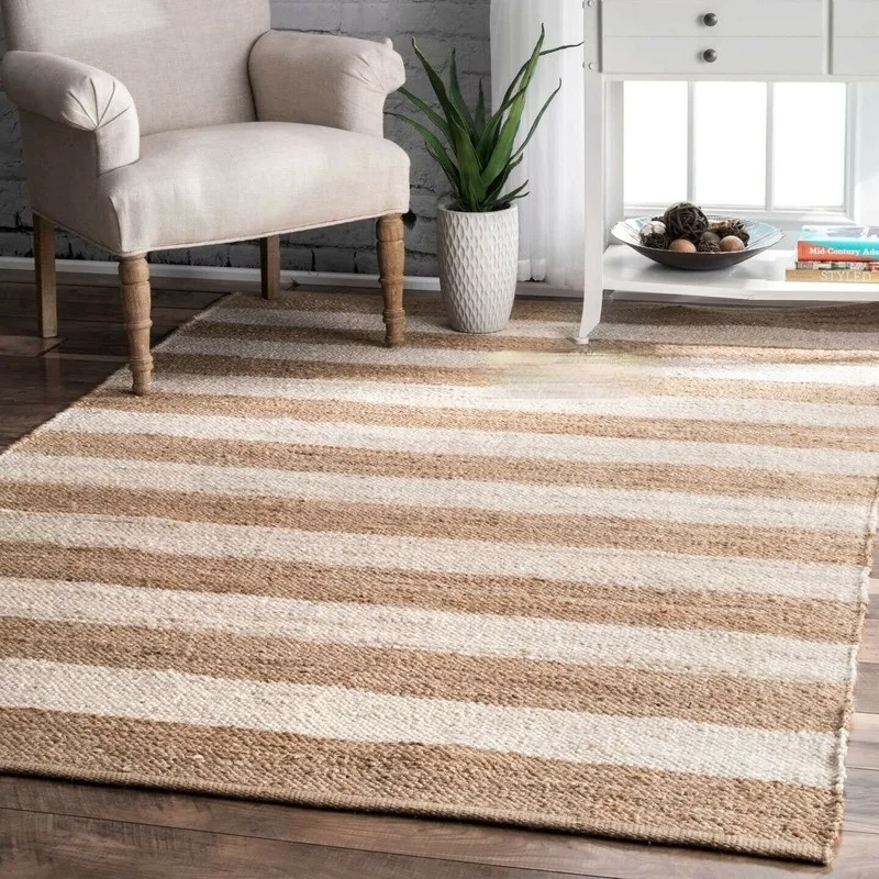 

Handmade Jute Rugs Home Living Room Decoration Area Carpet Natural Jute Hand-woven Circular Stripes Double-sided Modern