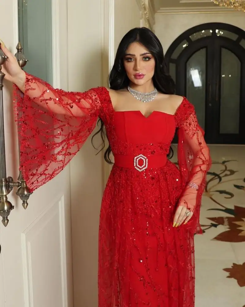 PLEINDI Luxury Evening Dress Square Collar A-LINE Long Sleeves Floor-Length Lace 2022 New Burgundy Cut-out Exquisite Prom Dress