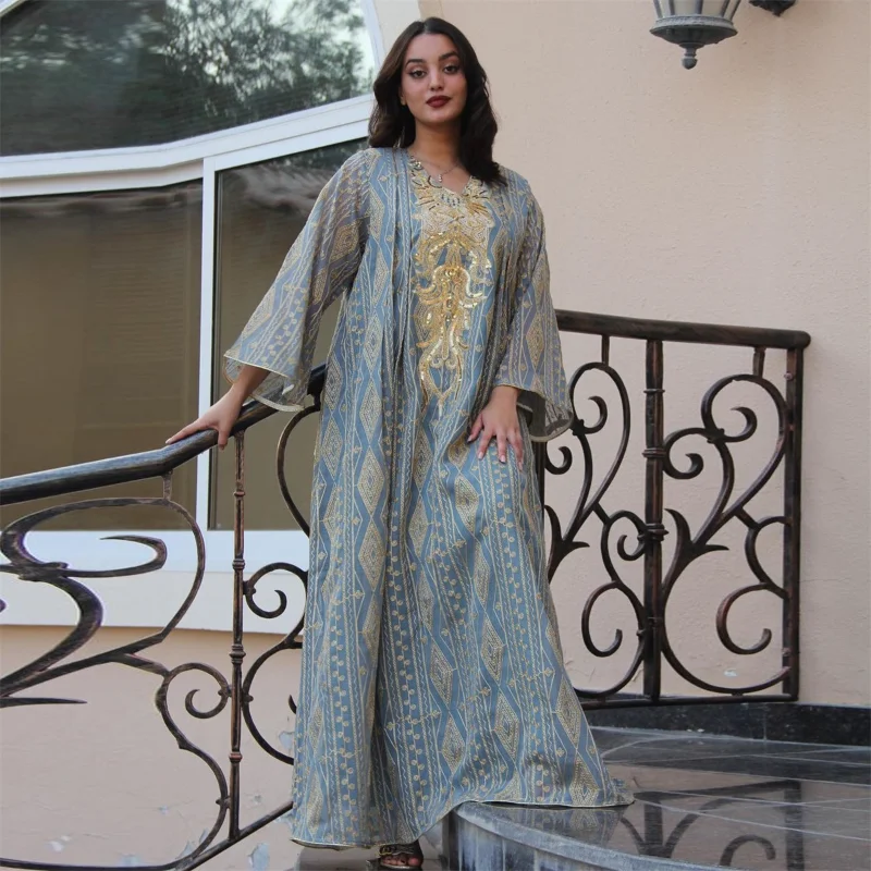 Jalabiya Ramadan 2023 Kuwaiti Kaftan Dubai Luxury Sequins Ethnic Embroidery Long Dresses Vintage Women Abaya Happy Eid Mubarak