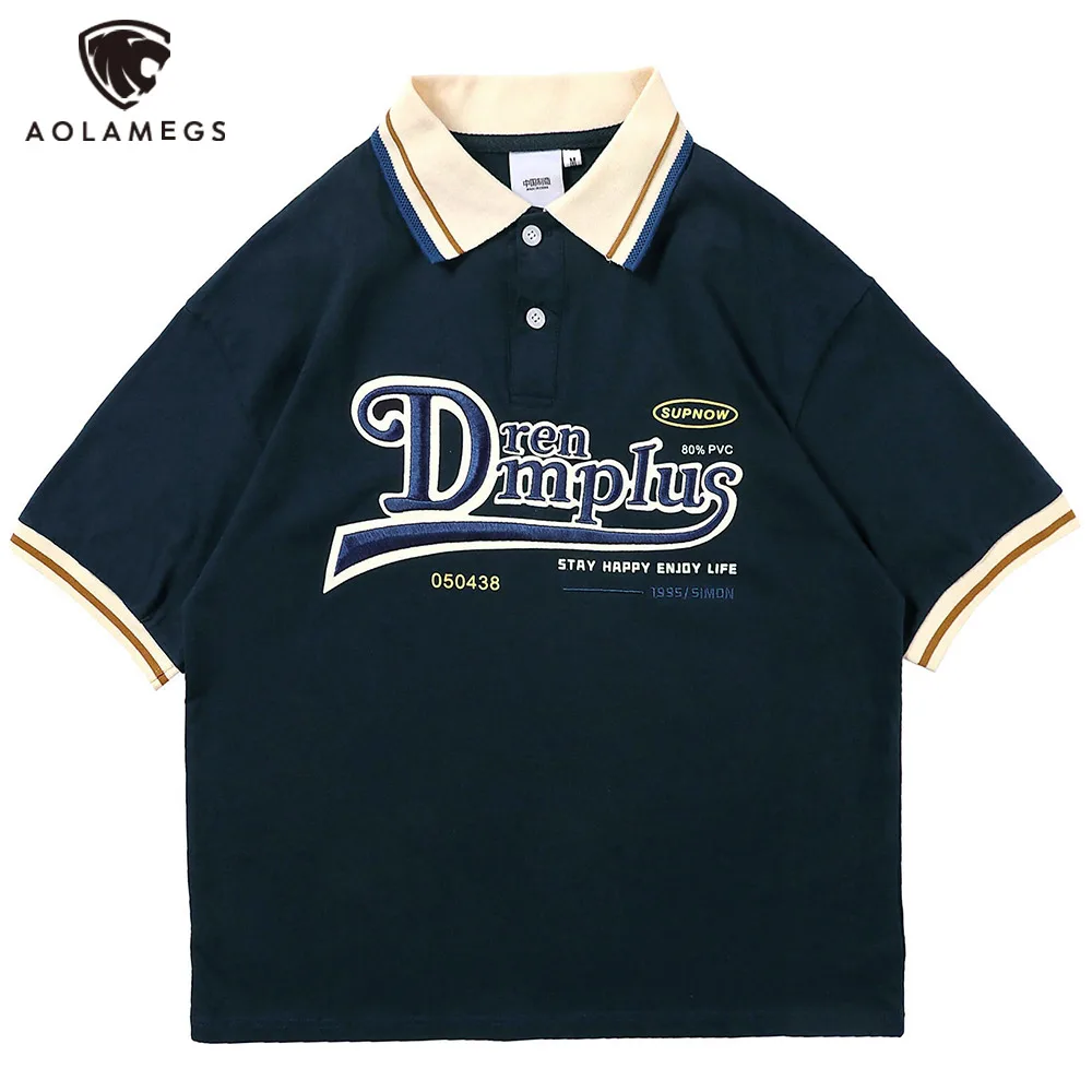 

Aolamegs мужская футболка поло с буквенной вышивкой, парные топы с короткими рукавами, Модная хлопковая футболка в японском стиле колледжа, Вес...