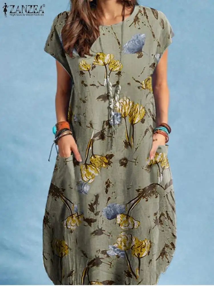 

Women Summer Baggy Sundress 2022 ZANZEA Kaftan Printed Dress Casual Short Sleeve Knee-length Vestidos Female Floral Robe Femme 7