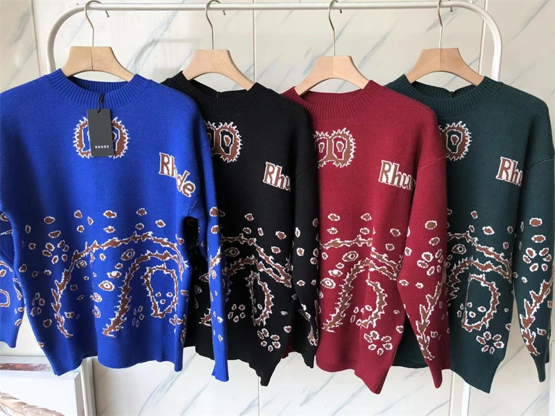 

23SS New Vintage Full Cashew Jacquard Rhude Knitted Sweater Men Women Loose Red Green Blue Sweatshirts Kanye West