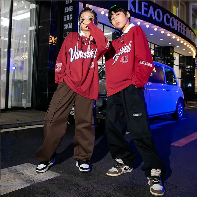 

Детская уличная одежда для подростков, одежда в стиле хип-хоп, красная куртка-поло, пальто, топы, повседневные брюки-карго для девочек и мальчиков, костюм для джазовых танцев, одежда Kpop