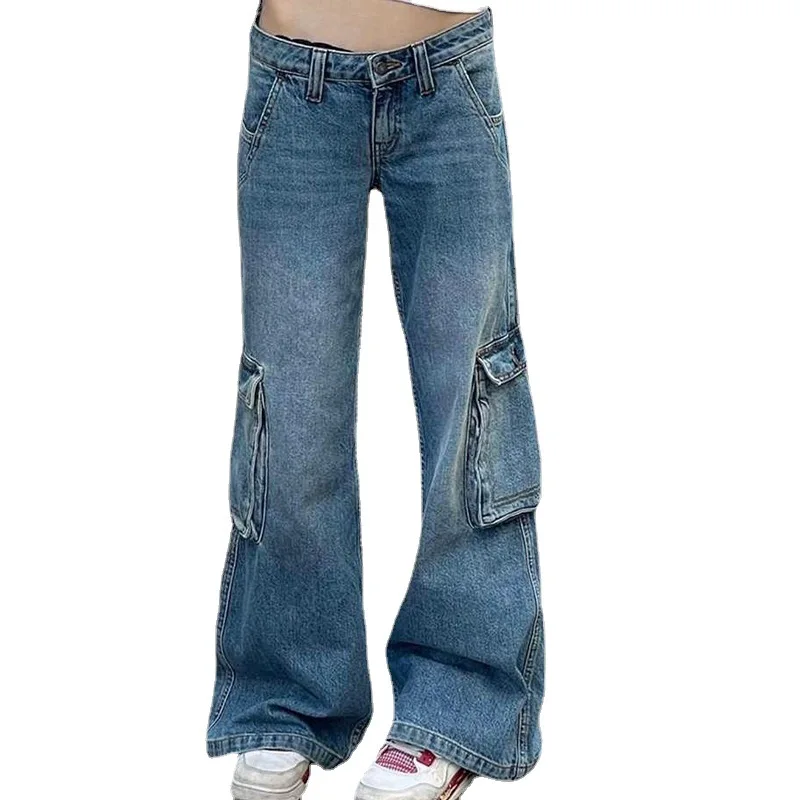 

Pants Women's 2022 New Street Low-rise Straight-leg Wide-leg Jeans Three-dimensional Pocket Panel Mopping Casual Jeans джинсы