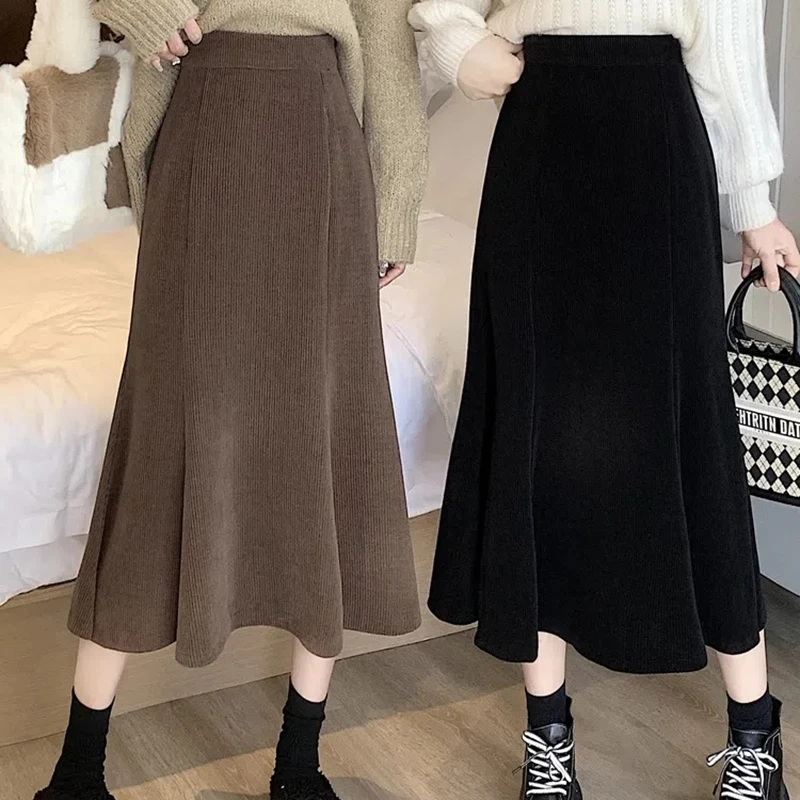 

Korean Black Waist Spring Women Skirt Elastic High Back Skirt Skirts Woman Long Ladies Midi Skirt Ruffles Mermaid 2023 Corduroy