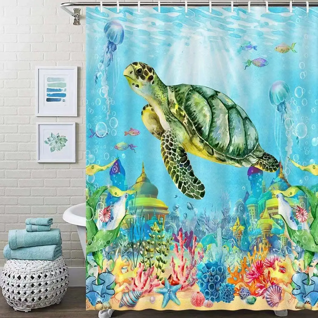 

Underwater Tropical Marine Animal Sea Turtle Shower Curtain Ocean Shower Curtain for Bathroom Nautical Beach Bathtub Decor Set