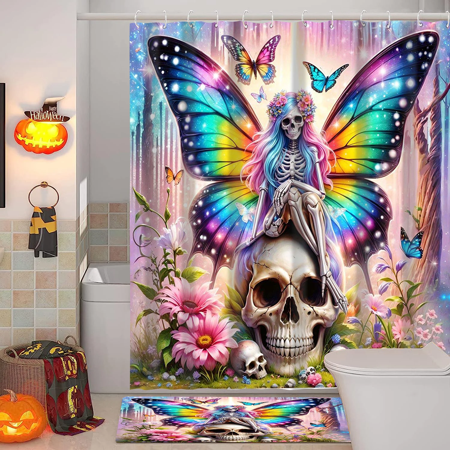 

Водонепроницаемая шторка для душа с рисунком черепов, цветов и бабочек