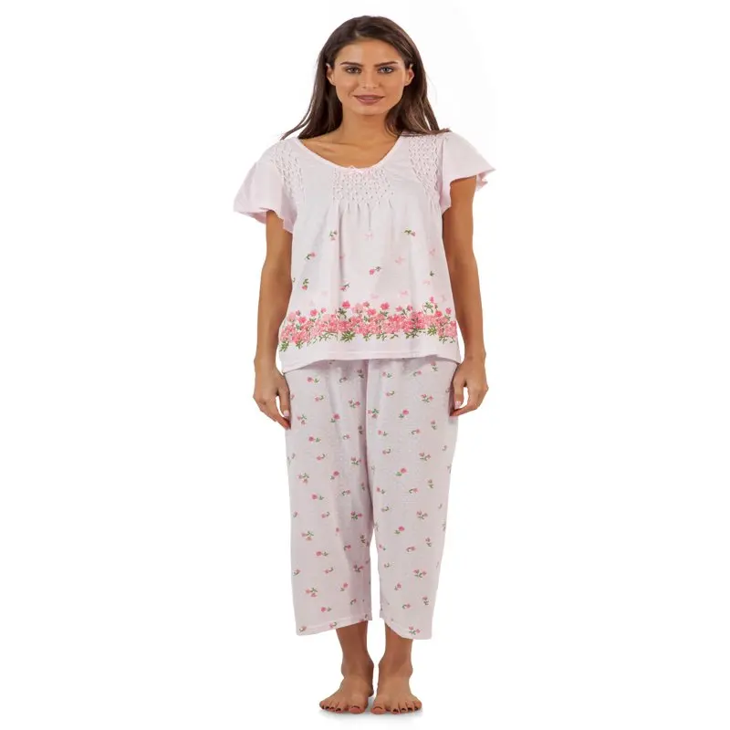 Women`s Short Sleeve Floral Border Capri Pajama Set