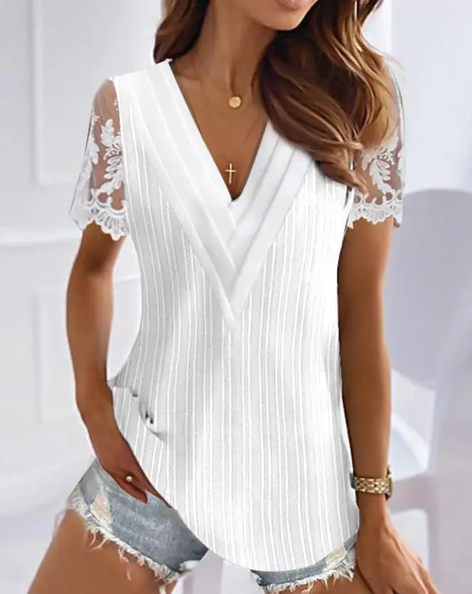 

White Lace Patch Ruched Top Short Sleeve V-Neck Summer Y2K New 2023 Fashion Daily Commuting Top T-shirt for Woman Streetwear