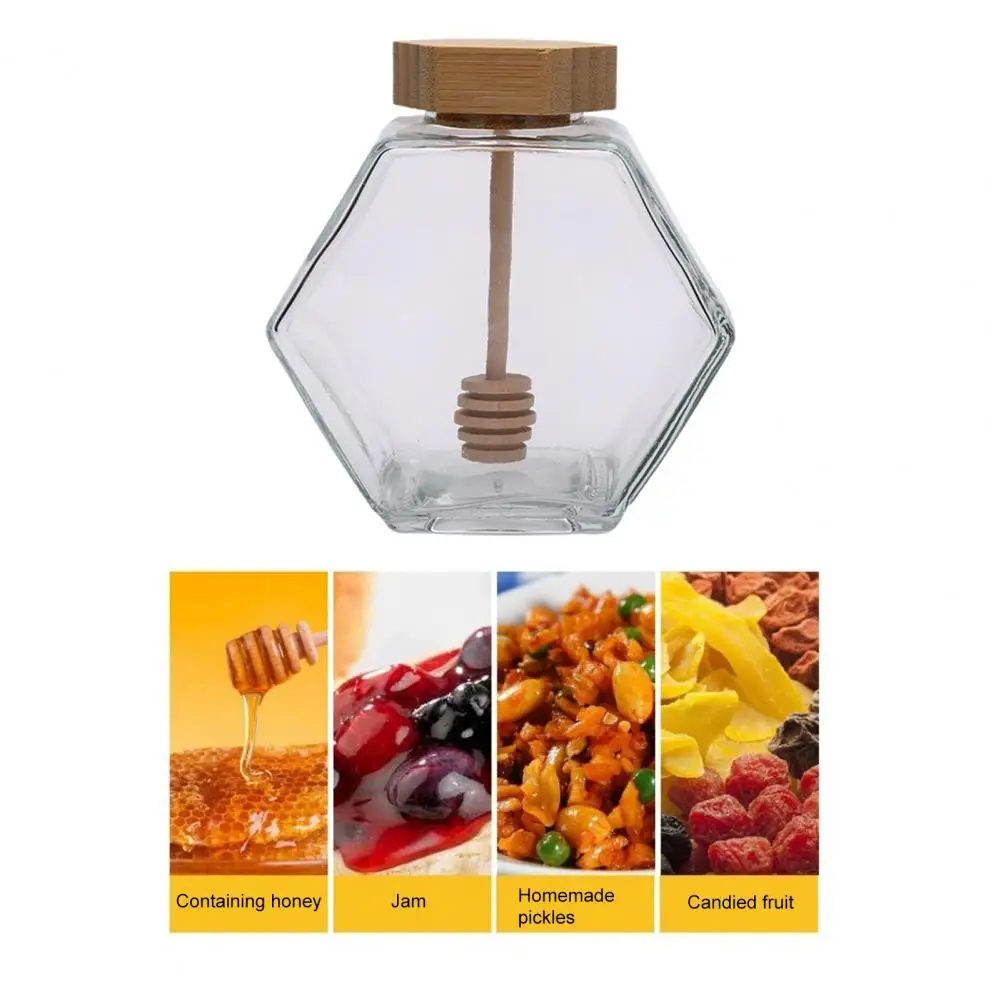 

380ML/220ML Sealing Bottle Honey Jar with Stir Stick Wooden Lid Transparent Glass Hexagon Flavor Seasoning Pot Kitchen Accessory