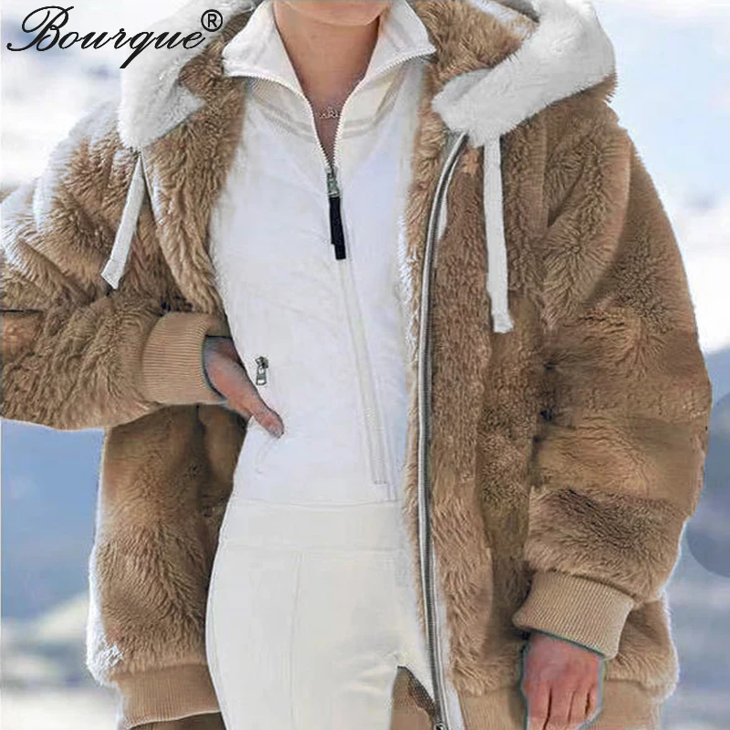 

Женское плюшевое пальто с капюшоном, однотонная теплая Модная Повседневная Свободная куртка на молнии с карманами, женский кардиган, Осень-зима