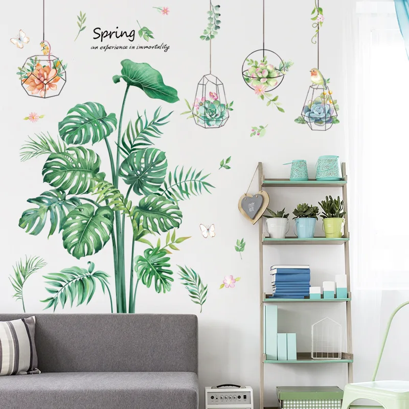 

New Summer Green Plant Monstera Leaves Flower Basket Bird Wall Stickers Living Room Bedroom Study Decoration Painting Home Decor