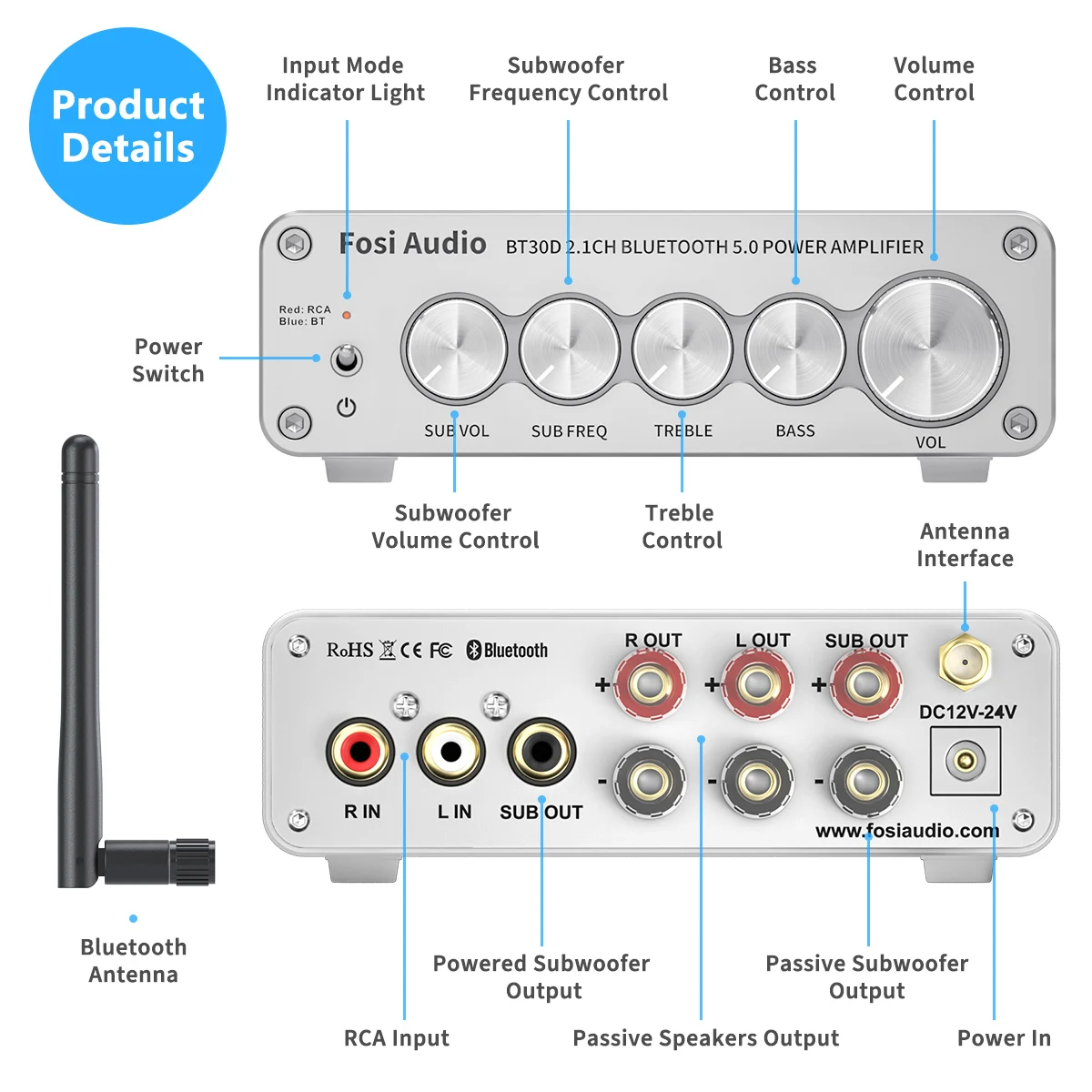 Фото Усилитель мощности звука Fosi Audio BT30D, Bluetooth, 2021 каналов, басы и высокие частоты, усилитель звука, сабвуфер 2,1 Вт + 50 Вт x2, 100 №5