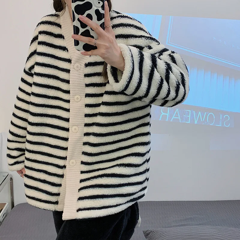 Yasuk Winter Women Girl Casual Warm Soft Sleepwear Pajamas With Pant Velvet Fleecel Cute Thick Pocket Simple Black White Stripes